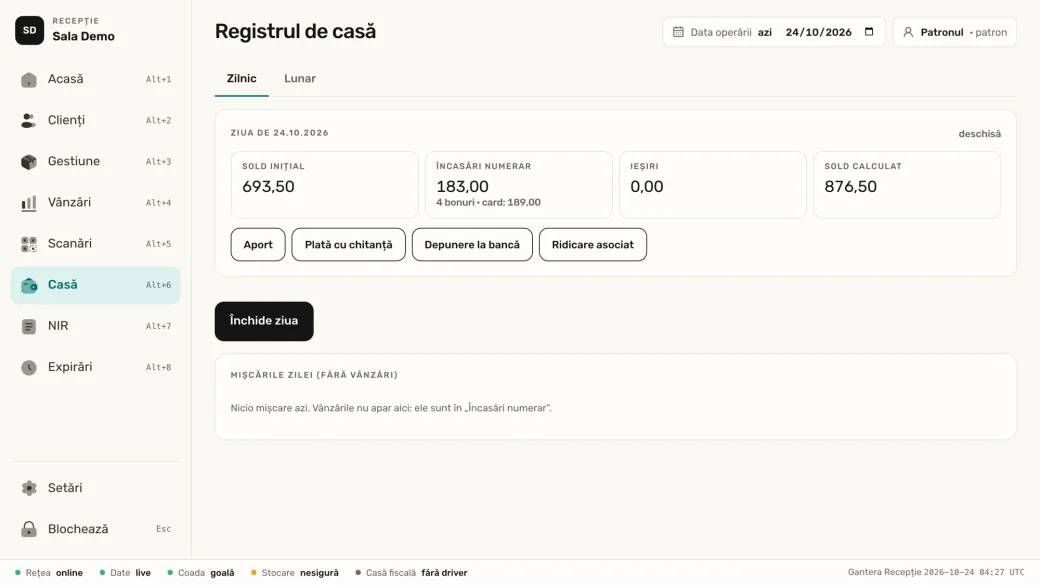 Recepție, registrul de casă: ziua deschisă, soldul, aport, depunere, închide ziua
