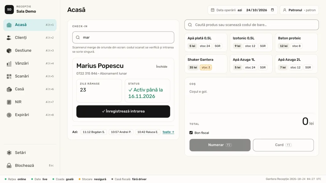 Recepție, Acasă: check-in Marius Popescu — activ până la 16.11.2026, 23 de zile rămase; produsele de la bar; coșul